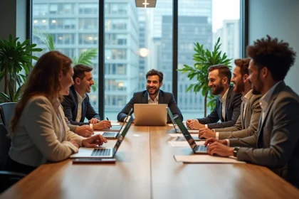 Groupe de professionnels en r&eacute;union dans un bureau moderne