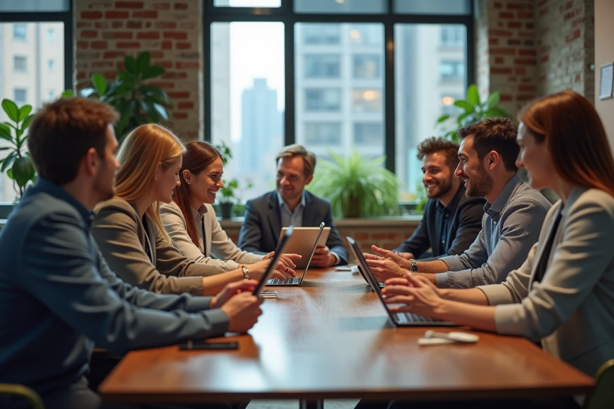Groupe divers de professionnels en discussion conviviale