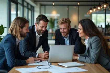 Groupe de professionnels en r&eacute;union dans un bureau moderne