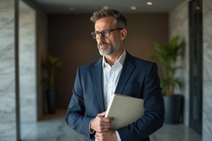 Homme d'affaires en costume dans un lobby moderne