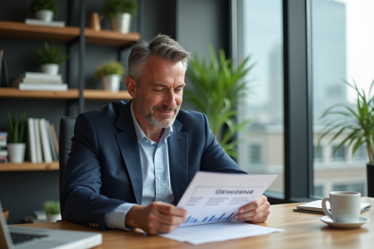 Homme d'affaires en costume examine un relevé de dividendes dans son bureau