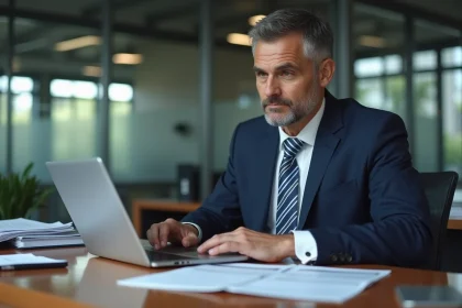 Homme d'affaires en costume bleu examine des documents financiers