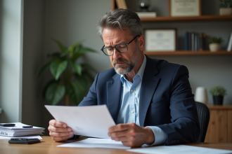 Homme d'affaires en costume bleu examine des documents financiers