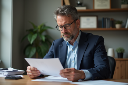 Homme d'affaires en costume bleu examine des documents financiers