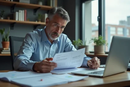 Homme d'affaires inquiet examinant documents financiers
