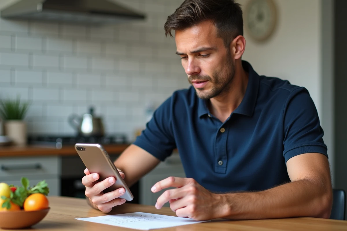 Homme consultant une application de conversion de mesures en cuisine sur mobile