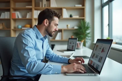Homme en bureau compare deux onglets de navigateur