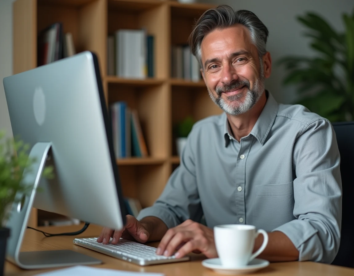 Homme travaillant depuis son bureau à domicile en rédigeant un email professionnel en anglais