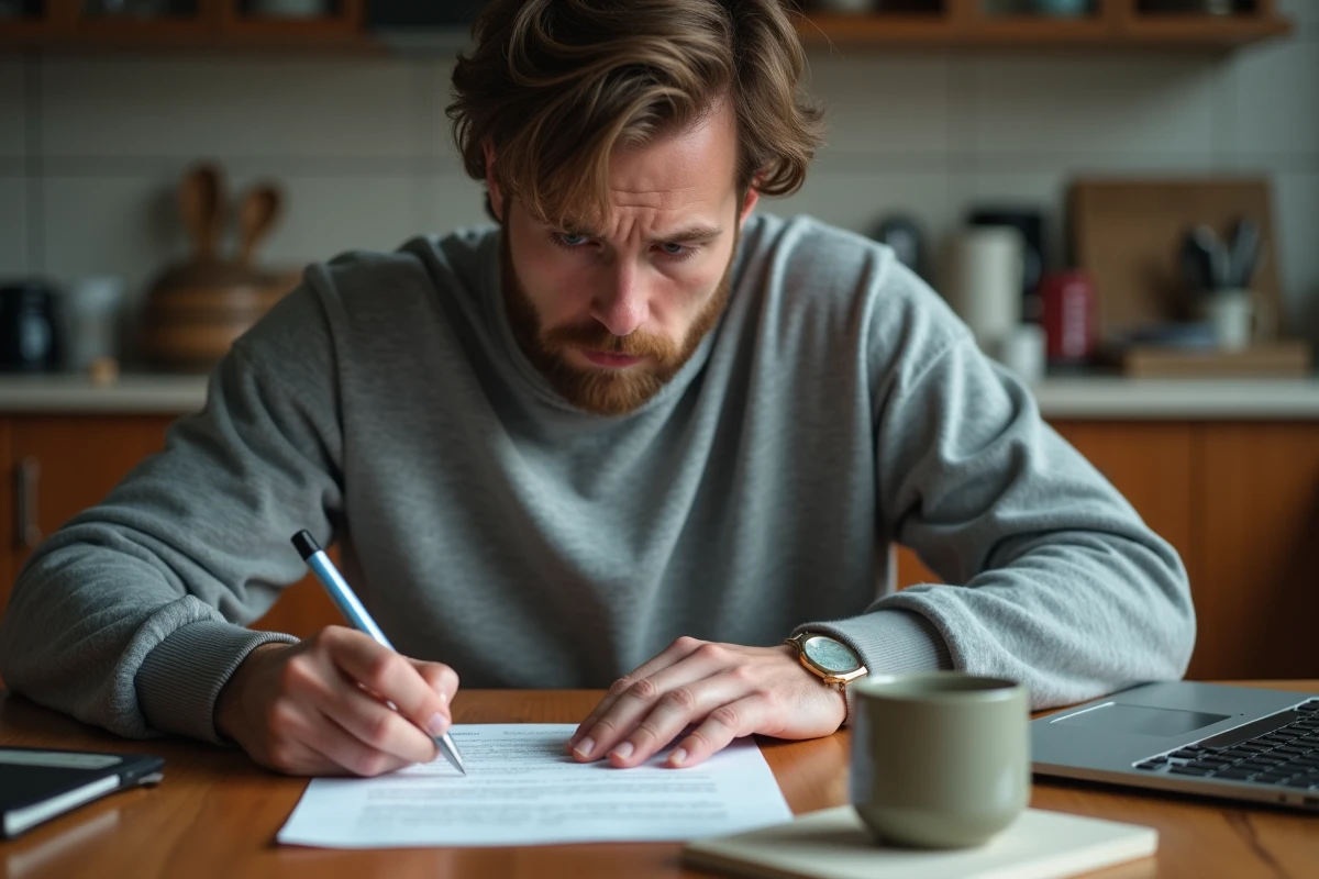 Homme en burn-out r&eacute;digeant &agrave; la main une lettre de demande de rupture conventionnelle &agrave; la maison
