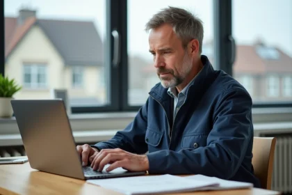 Homme en veste de travail assis &agrave; son bureau &agrave; domicile