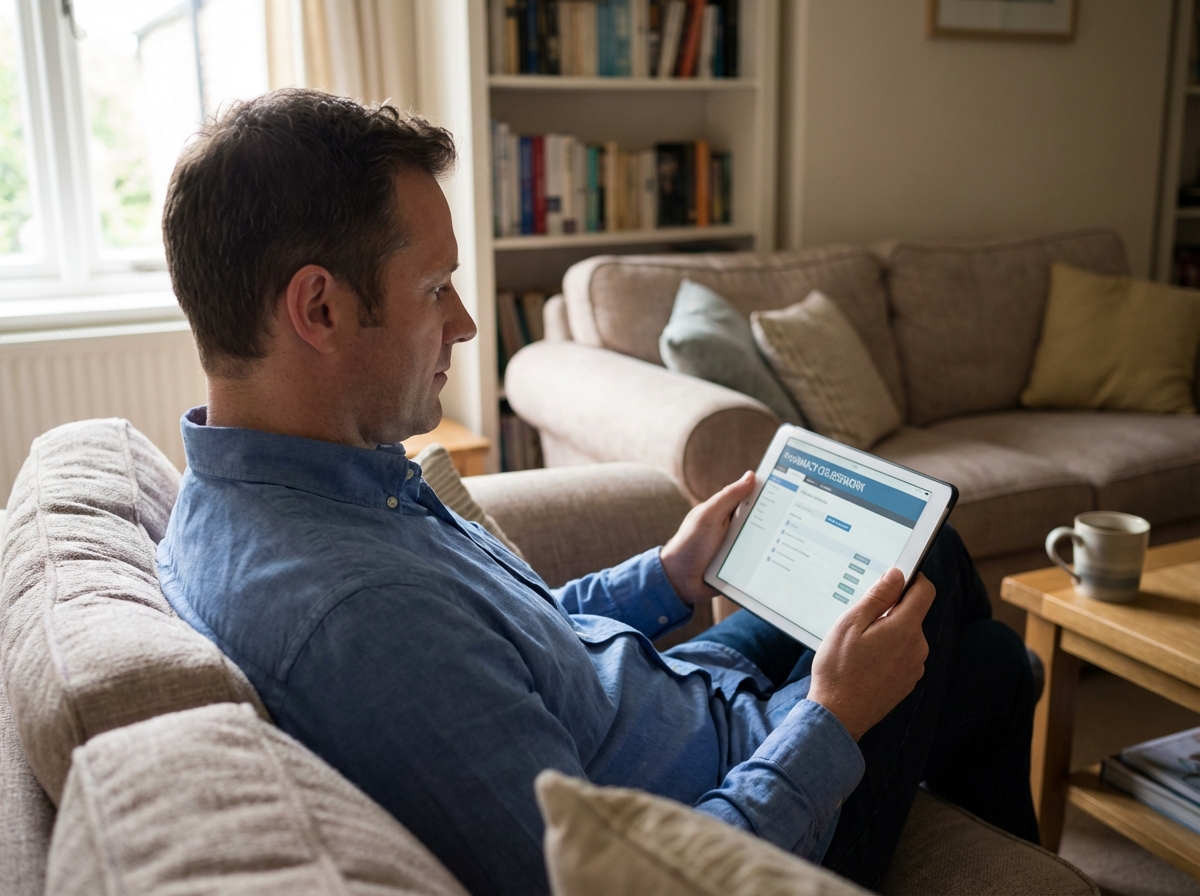 Homme &eacute;tudiant en ligne sur canap&eacute; dans un salon cosy
