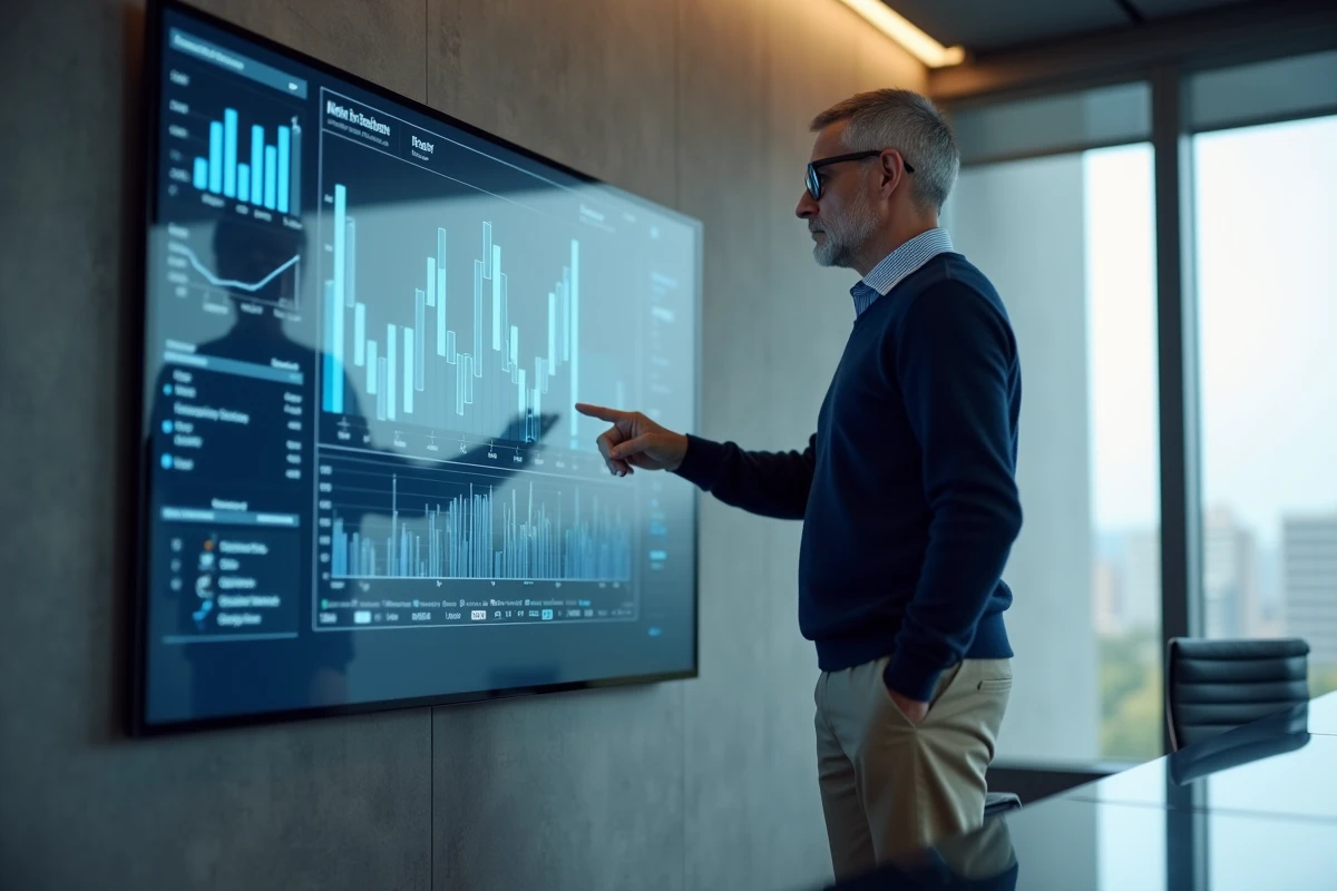 Homme daffaires analysant des graphiques sur un grand écran