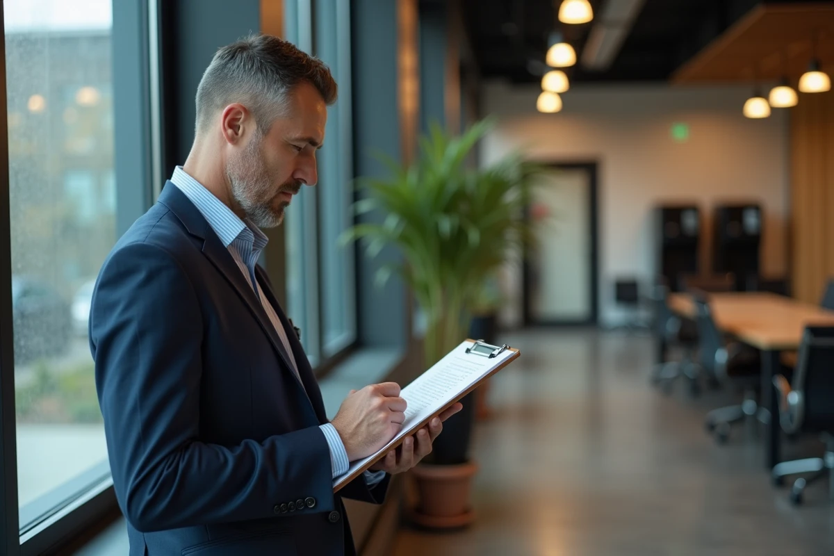 Homme lisant un email dans une salle de pause