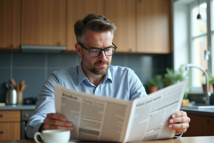 Homme d'âge moyen lisant un journal dans une cuisine moderne