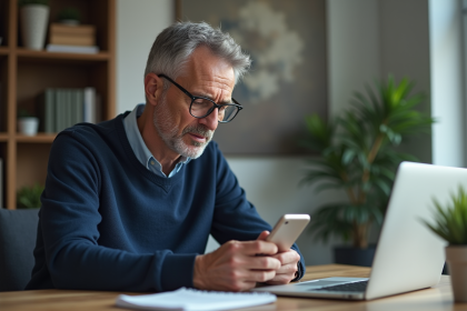 Homme d'âge moyen travaillant sur smartphone dans un bureau moderne