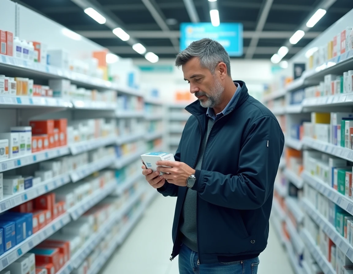 Homme en pharmacie lisant attentivement l'étiquette d'un produit de santé commercialisé, évaluant son achat potentiel