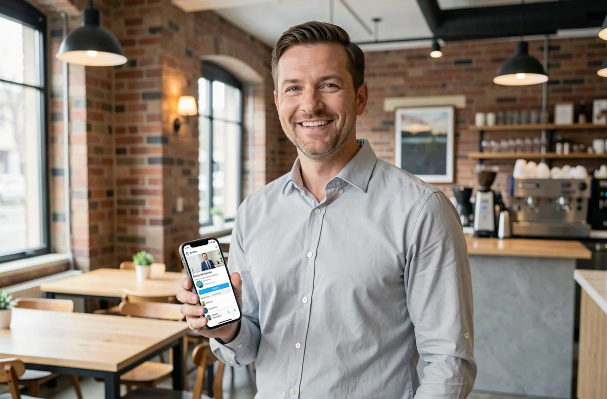 Homme consultant son profil professionnel sur smartphone dans un espace de coworking