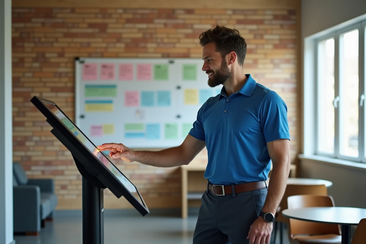 Homme en polo bleu dans une salle de pause au travail