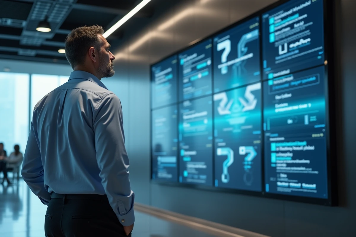 Homme d affaires regardant un grand écran dans un lobby moderne