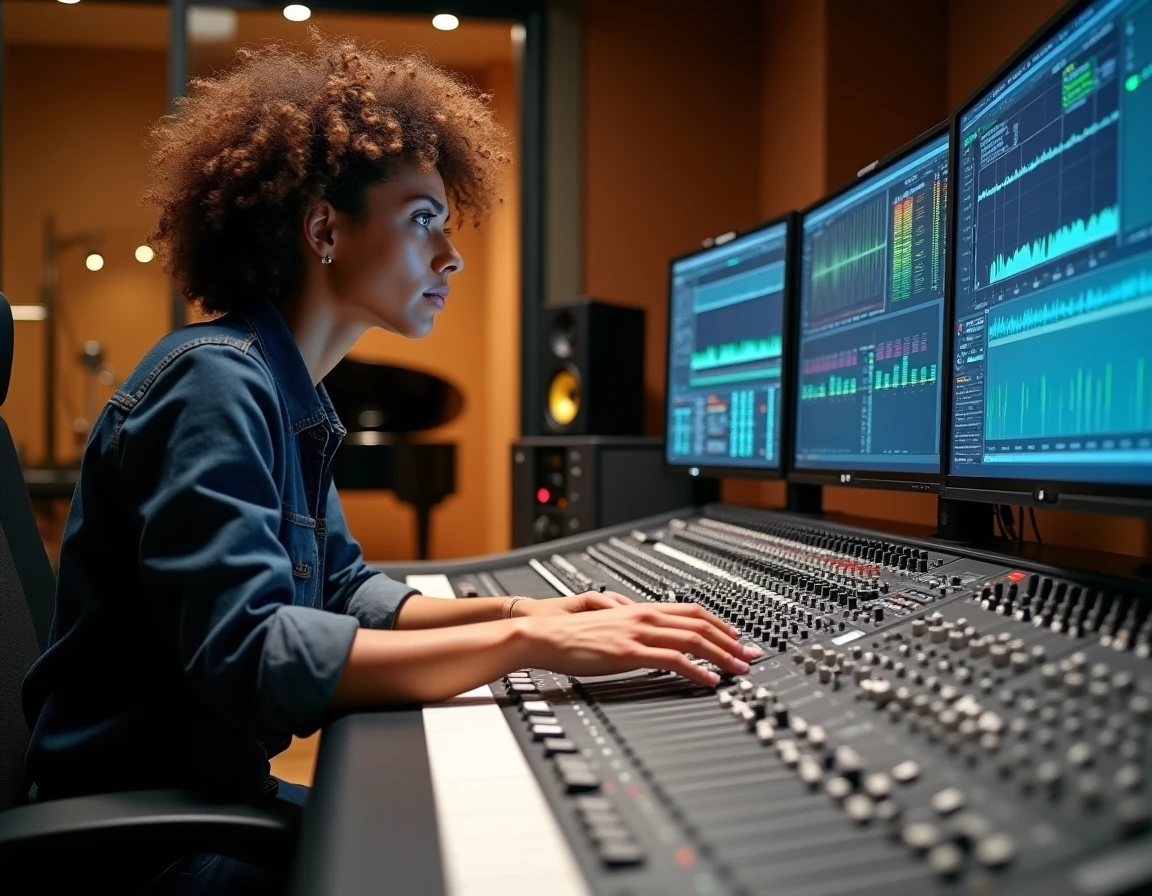 Ingénieure du son professionnelle travaillant à la console de mixage dans un studio d'enregistrement commercial