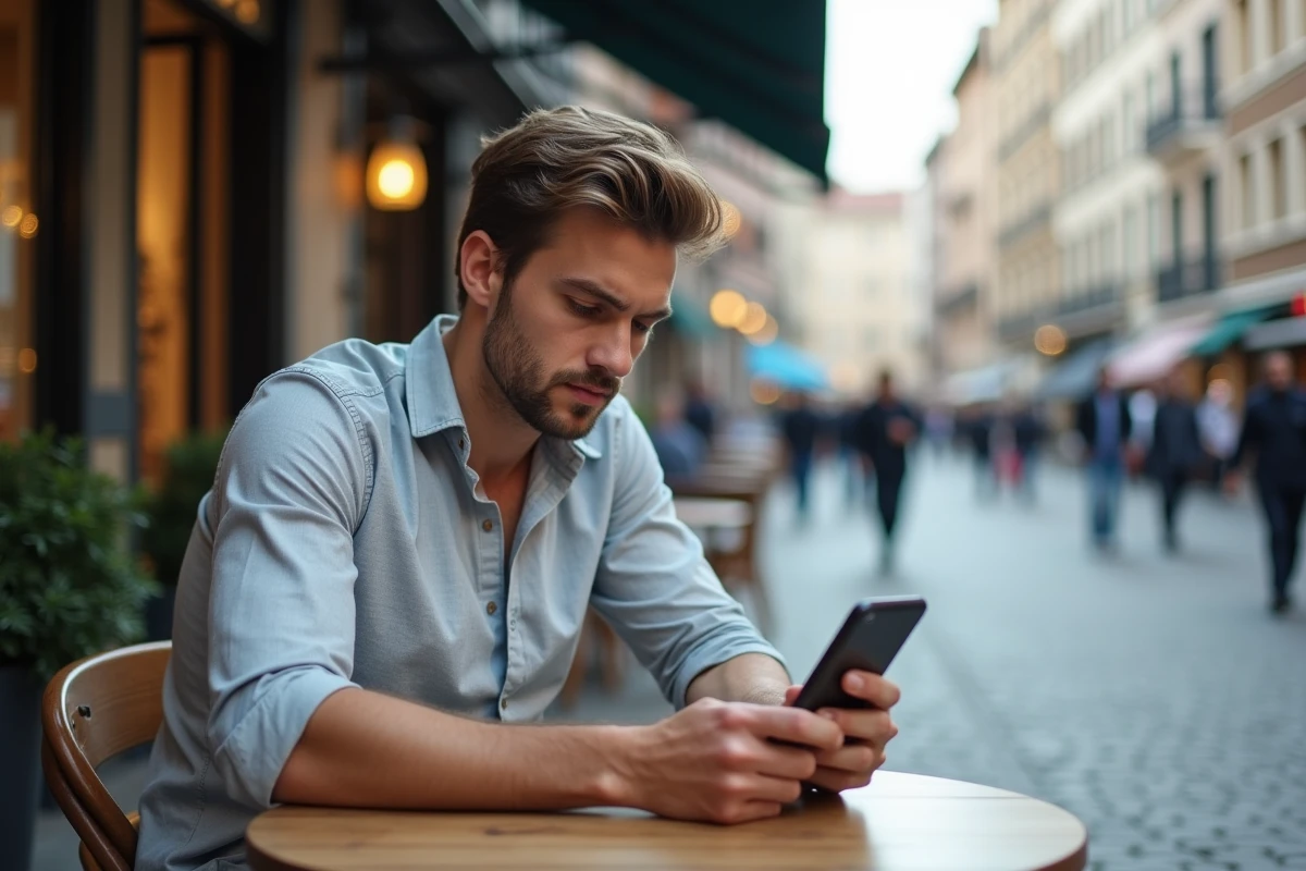 Jeune entrepreneur travaillant sur son smartphone au caf&eacute;