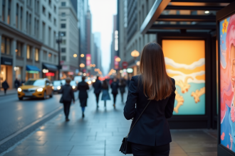 Jeune femme en costume dans la ville devant une affiche lumineuse
