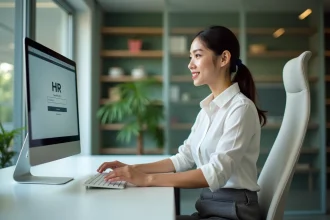 Jeune femme au bureau devant un portail RH sur écran