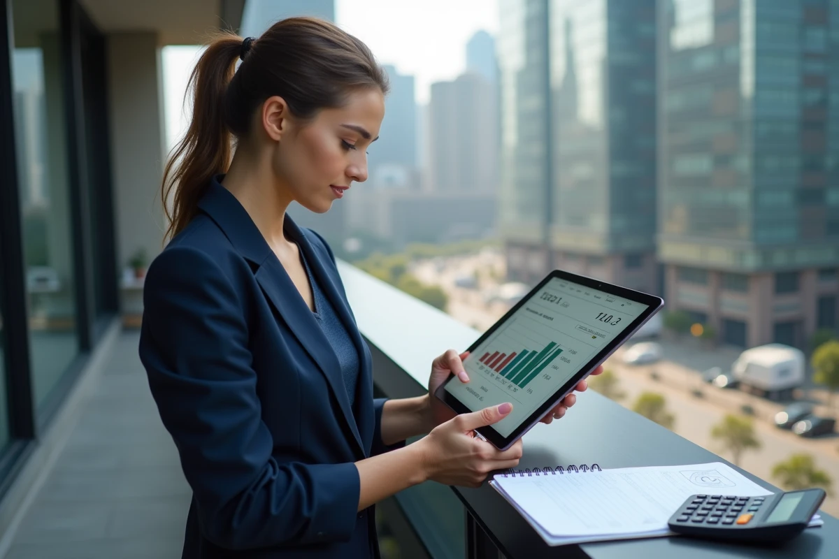 Jeune femme entrepreneure analysant un graphique sur une tablette en extérieur