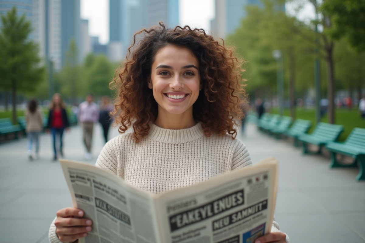 Jeune femme dans un parc urbain lisant un journal plié