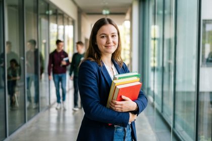 Jeune femme souriante avec livres dans un hall moderne