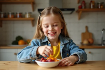 Jeune fille en jaune d&eacute;gustant des fruits secs dans la cuisine chaleureuse