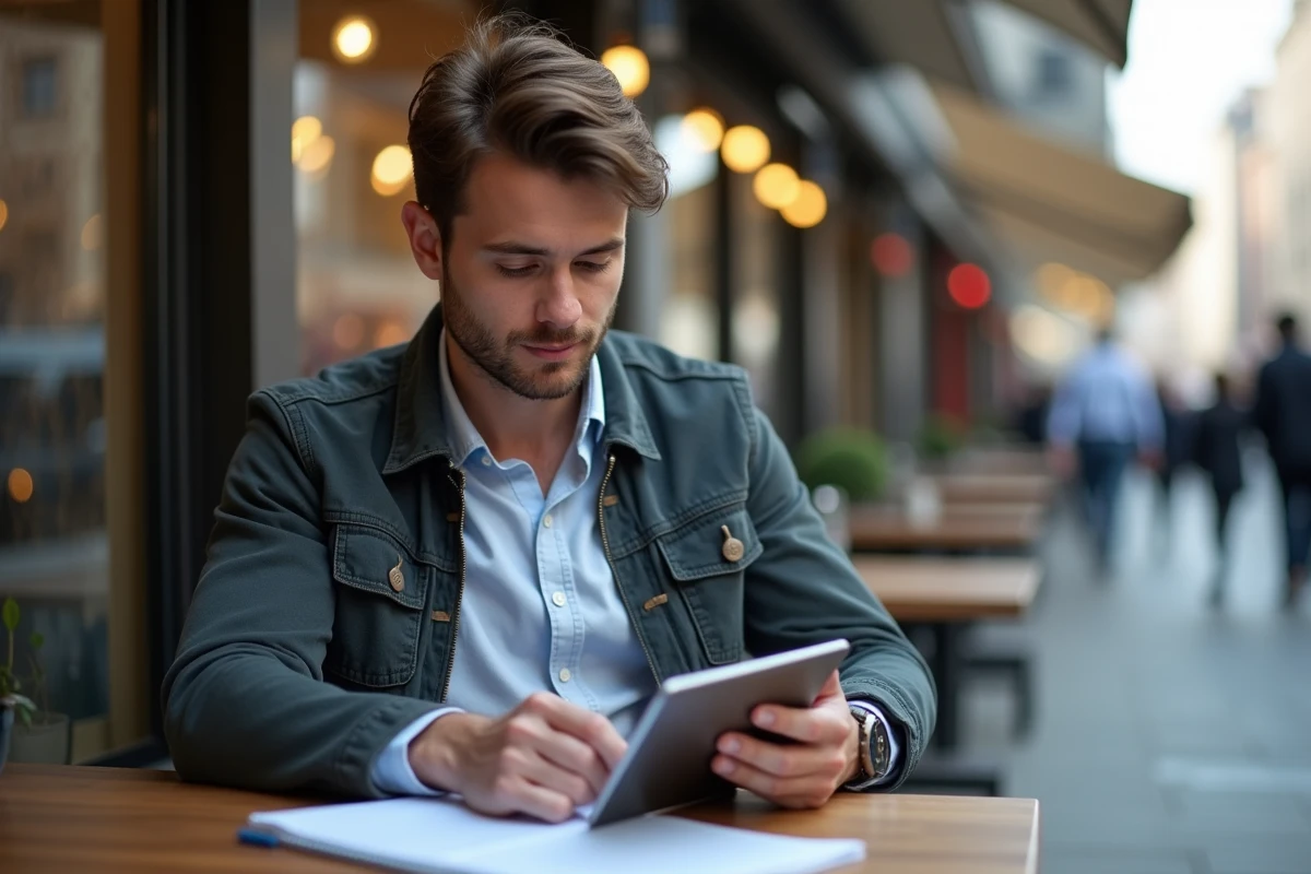 Jeune homme lisant documents en café en ville