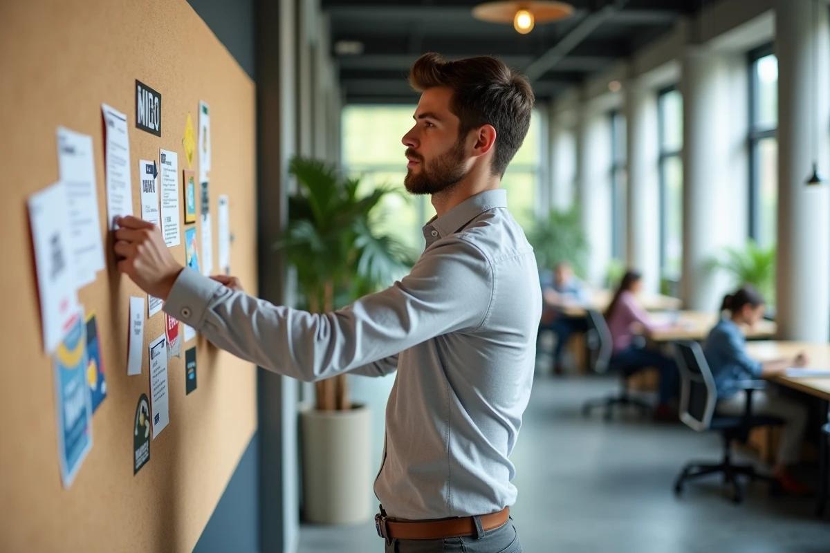 Jeune homme collant des stickers dans un espace de coworking