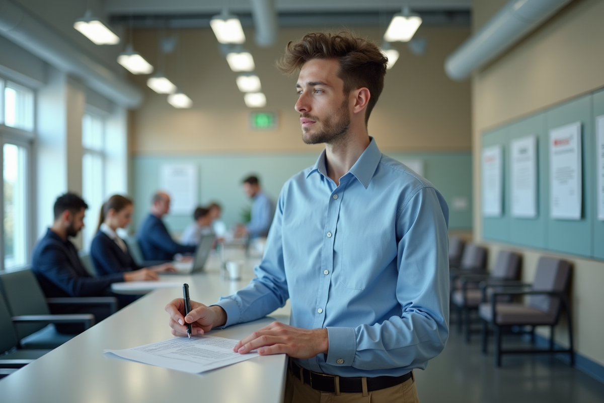 Jeune homme remplissant un formulaire dans un bureau municipal