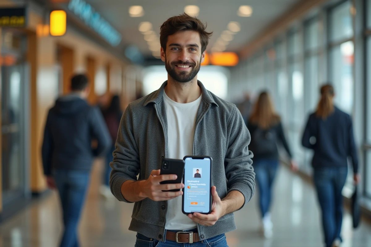 Jeune homme tenant un smartphone avec une vérification d
