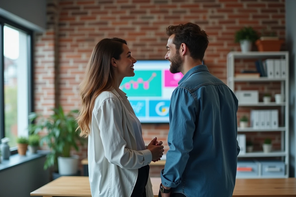 Deux jeunes professionnels analysant un tableau de bord numérique