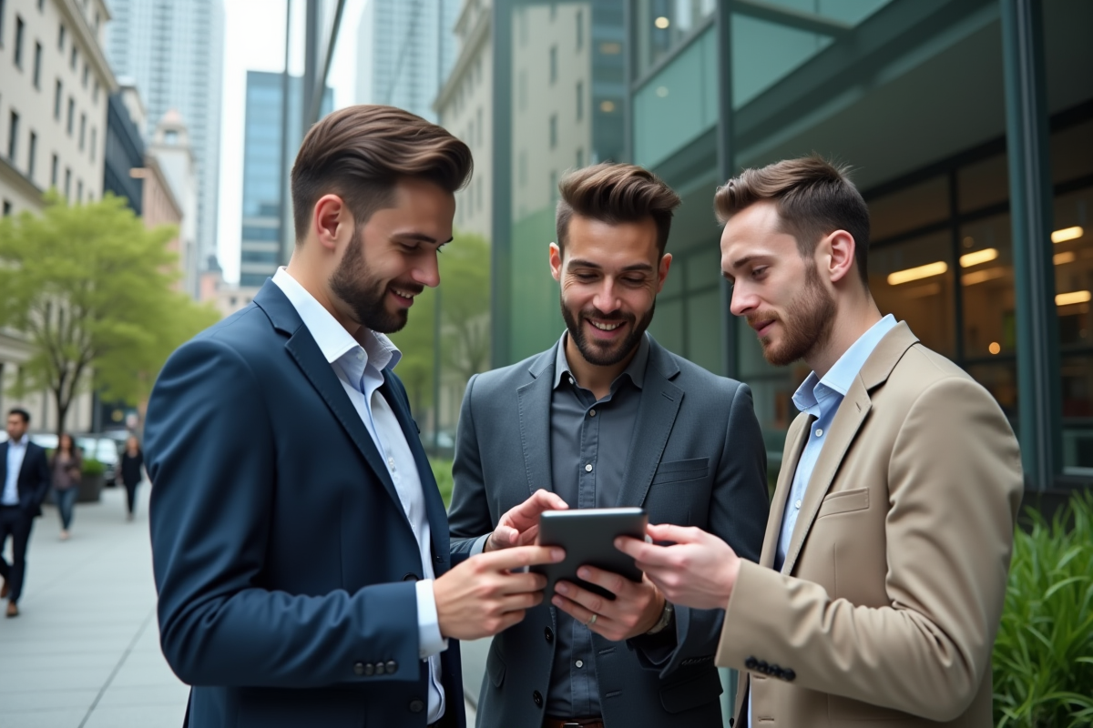 Groupe de jeunes adultes discutant devant un bâtiment moderne en extérieur