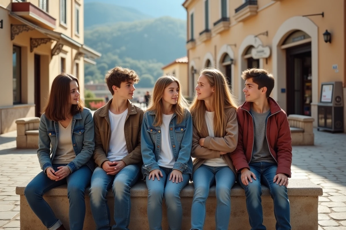 Groupe de jeunes corses en discussion dans une place