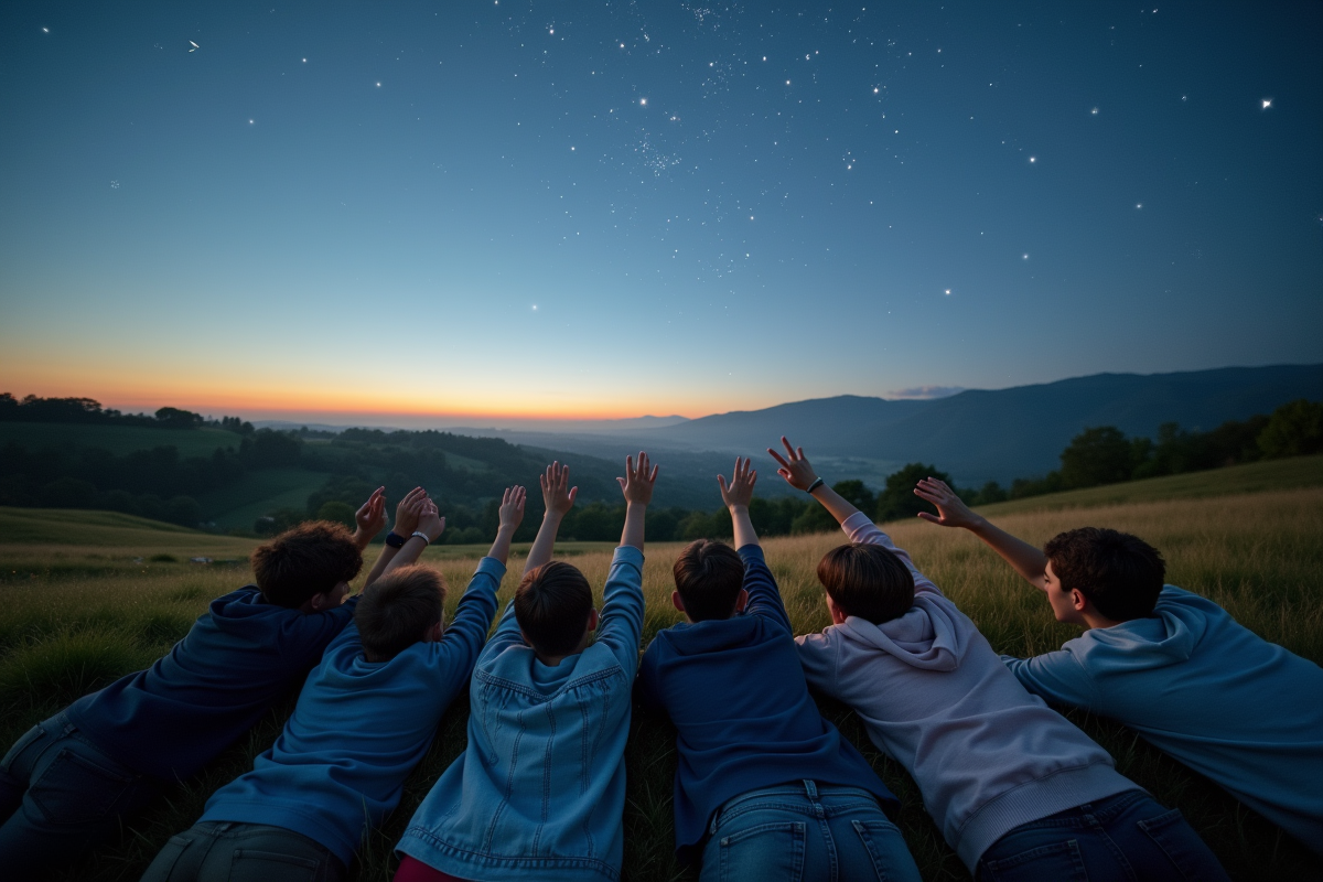 Groupe d adolescents observant le ciel étoilé en plein air