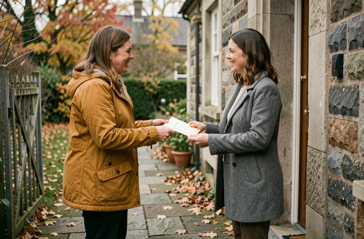 Deux femmes échangeant une lettre de remerciements devant une maison en pierre entourée de feuilles d'automne