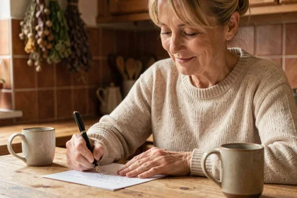 Femme écrivant une lettre de remerciements manuscrite à une table en bois dans une cuisine chaleureuse