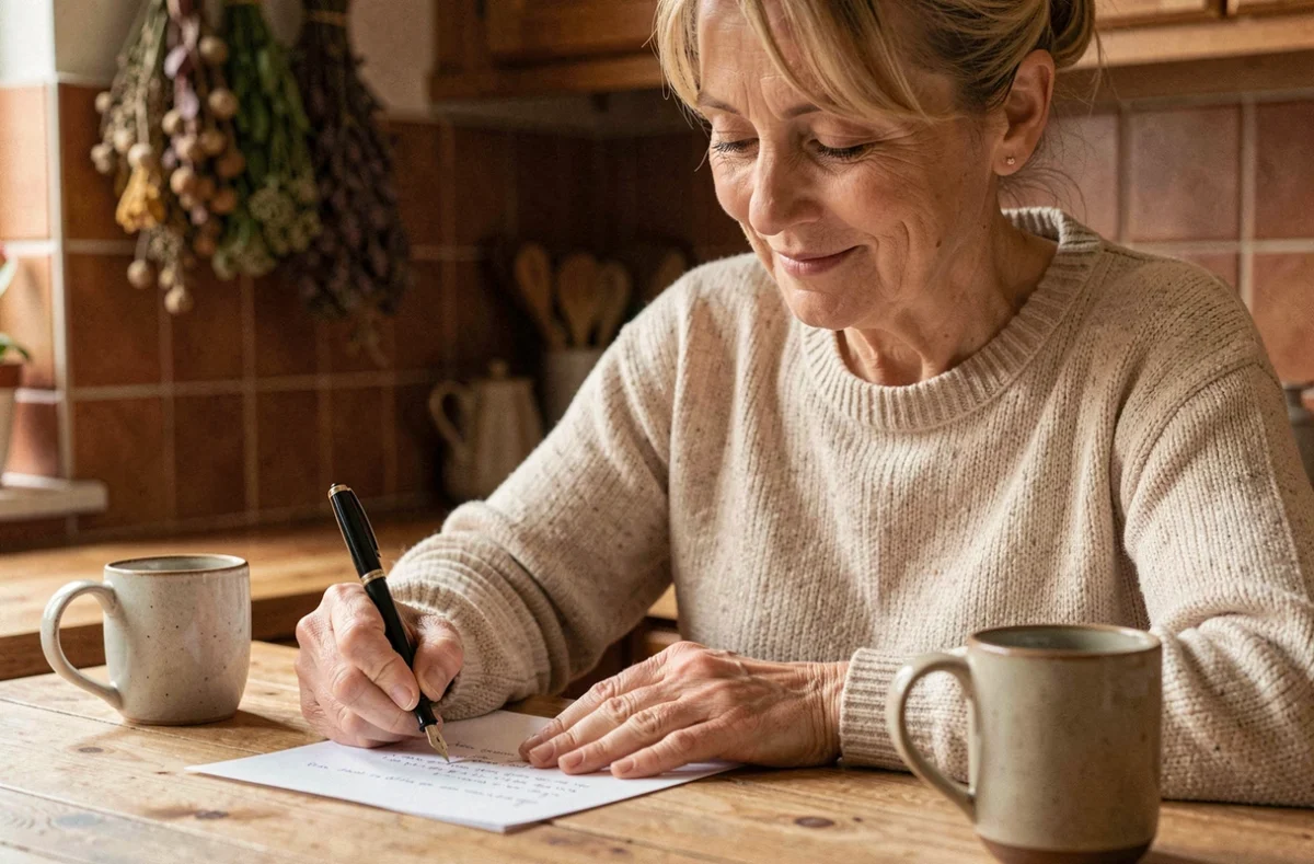 Femme écrivant une lettre de remerciements manuscrite à une table en bois dans une cuisine chaleureuse