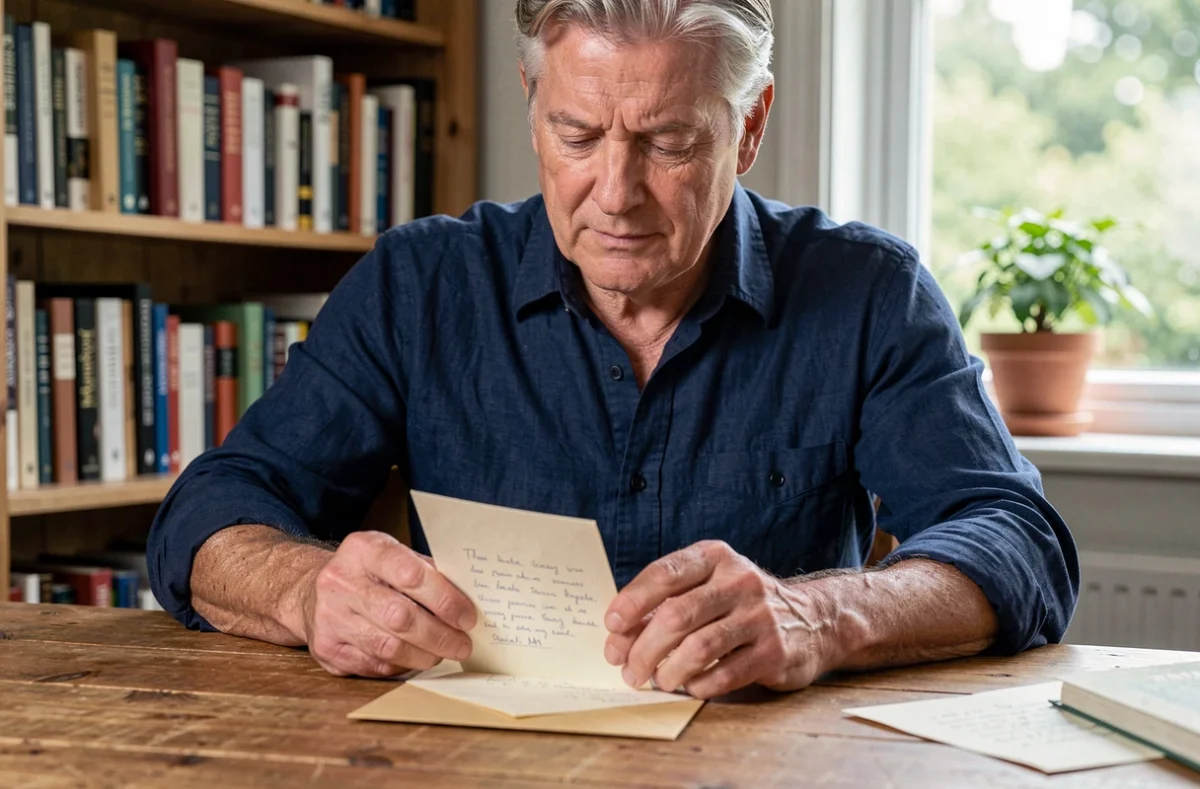Homme âgé glissant une lettre de remerciements dans une enveloppe sur un bureau en bois dans un bureau à domicile