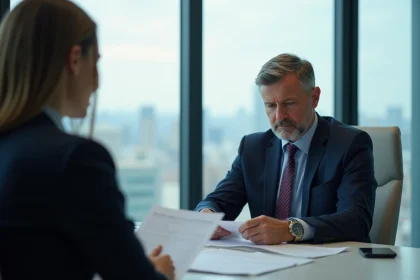 Salarié en costume recevant une lettre de licenciement sans cause réelle dans un bureau d'entreprise moderne