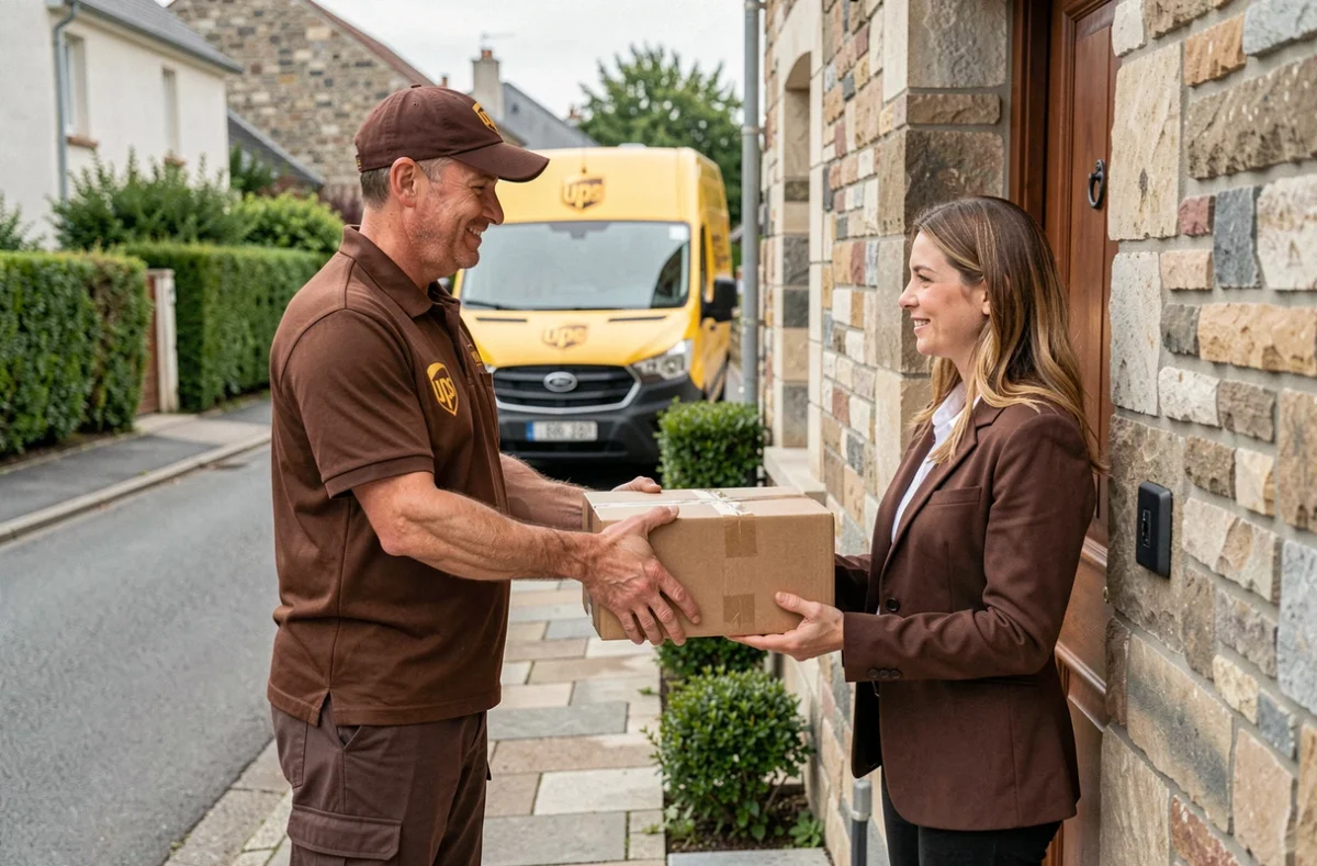 Un livreur UPS en uniforme remet un colis à une cliente devant sa maison dans une rue résidentielle en France