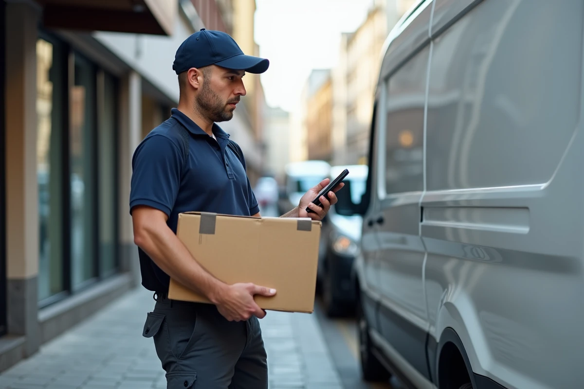 Livreur en uniforme scannant un colis devant son camion de livraison en milieu urbain
