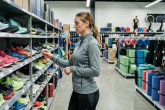 Femme parcourant les rayons d'un magasin de sport avec des chaussures et équipements sportifs en fond, illustrant les alternatives aux achats sportifs en 2026