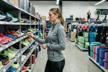 Femme parcourant les rayons d'un magasin de sport avec des chaussures et équipements sportifs en fond, illustrant les alternatives aux achats sportifs en 2026