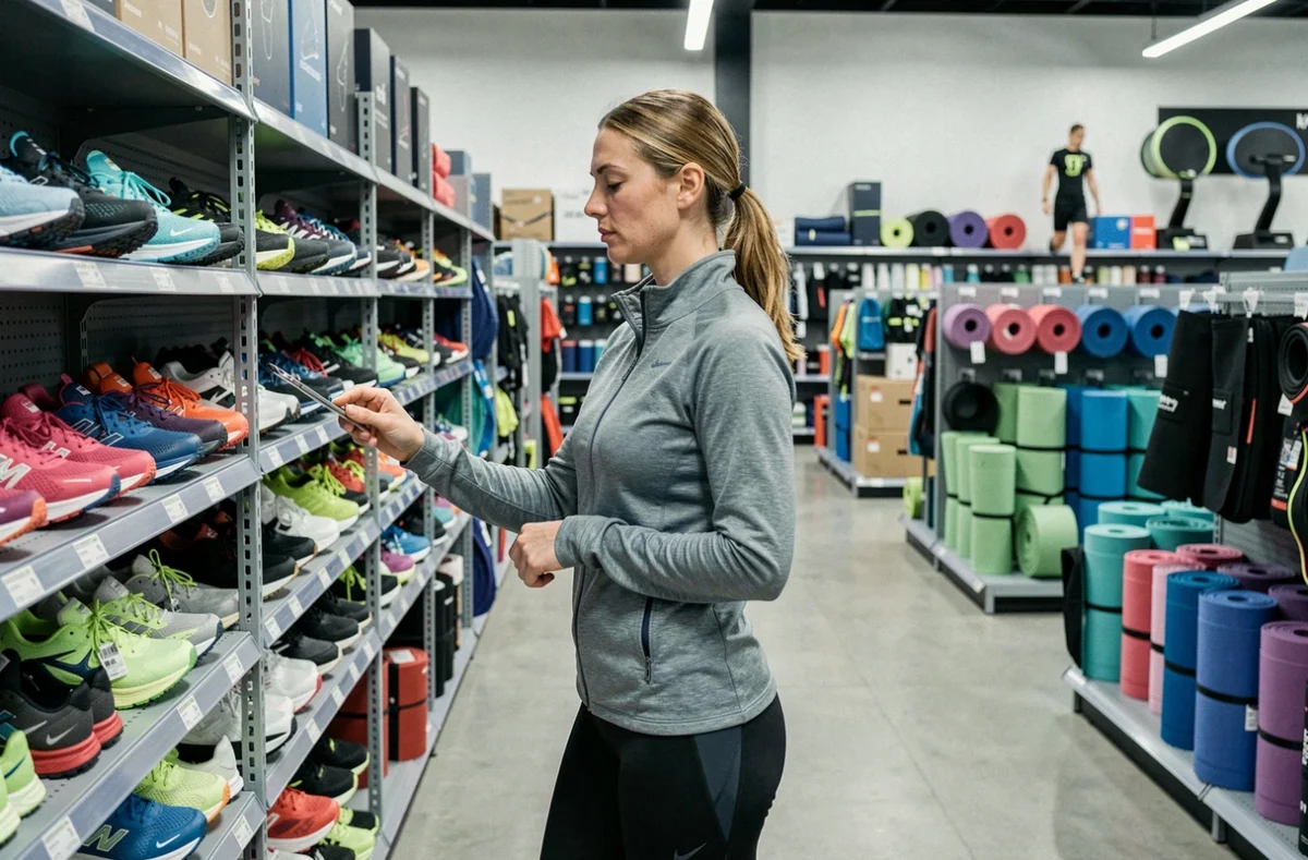 Femme parcourant les rayons d'un magasin de sport avec des chaussures et équipements sportifs en fond, illustrant les alternatives aux achats sportifs en 2026