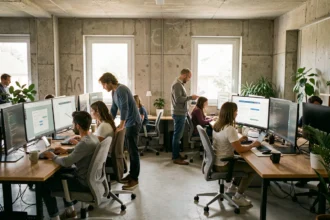 Vue d'ensemble d'une agence web moderne dans l'Ain avec des professionnels collaborant sur des projets digitaux